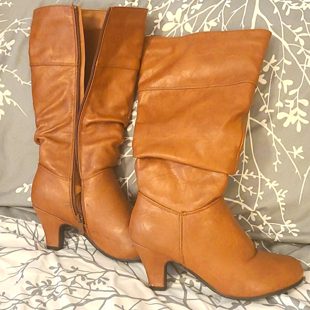 Tan Tall Heeled Wide Calf Boots